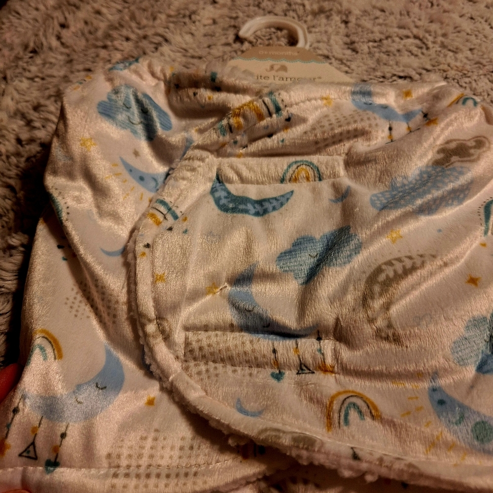 Baby boy gift swaddle. Moon and cloud print. Blue and white.